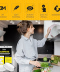 Woman in kitchen near 128 Clear Cabinet Door Bumpers Self Adhesive Rubber Cushions One Half Inch No More Door Slams Damp Pads packaging