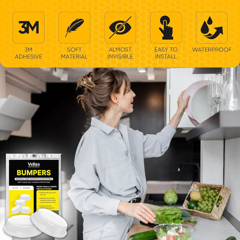 Woman in kitchen near 128 Clear Cabinet Door Bumpers Self Adhesive Rubber Cushions One Half Inch No More Door Slams Damp Pads packaging