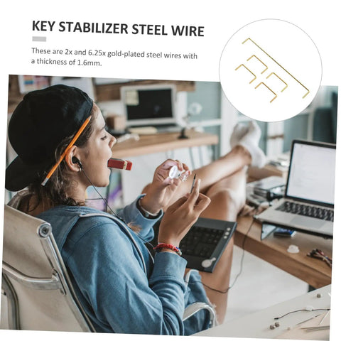 Premium Gold Plated Satellite Stabilizer Wires For Mechanical Keyboards shown in use, 1.6mm steel wires for key stability.