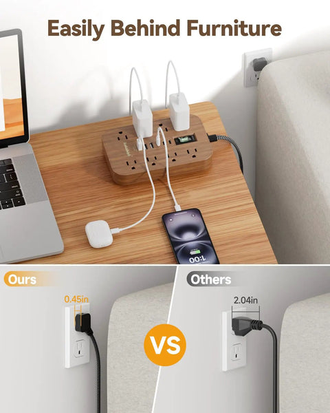 Wooden Walnut Power Strip With USB Ports, 5 Ft Long, 8 AC Outlets, 6 USB Ports Including USB C Fast Charging shown behind furniture
