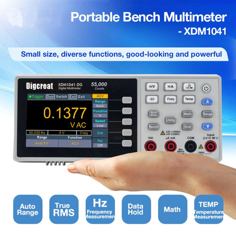 Handy Portable 3.5-Inch 55000-Count True RMS Digital Multimeter With Clear LCD Display showing settings and hand holding device.