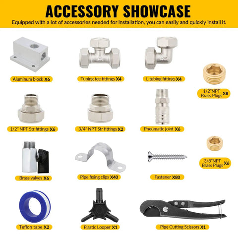 Image of fittings and tools from 3/4 Inch By 200 Ft Black HDPE Air Piping Kit With Aluminum Wall Outlet Blocks for shop air system.