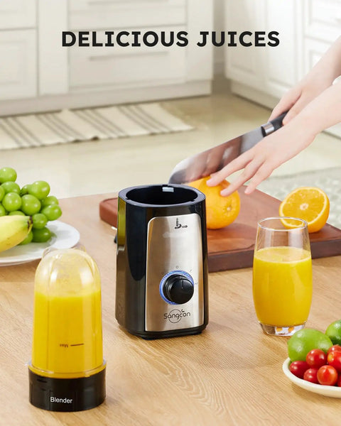 5 In 1 Kitchen Blender And Food Processor Set for smoothies and juices with BPA free cups on a kitchen counter