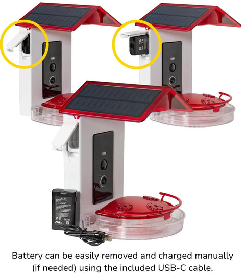 Killer 2 In 1 Hummingbird Feeder With Solar Smart Camera view showing battery compartment and USB-C charging cable.