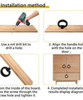 Installation guide for Matte Black Aluminum Ring Pulls 8 Pack on wooden cabinet, showing drilling and mounting steps.