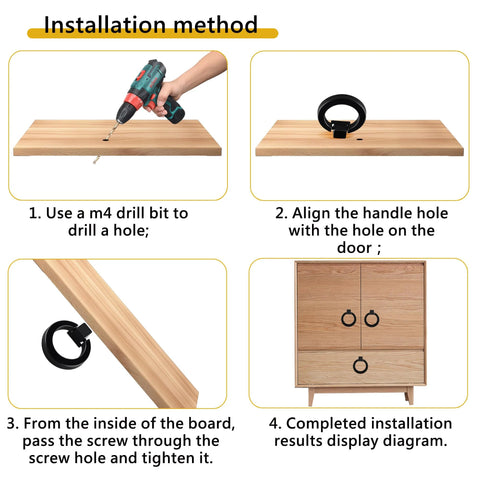 Installation guide for Matte Black Aluminum Ring Pulls 8 Pack on wooden cabinet, showing drilling and mounting steps.