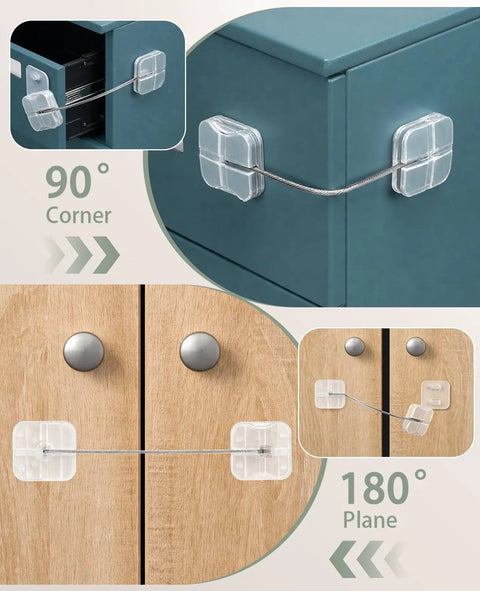 Clear Fridge Lock Set For Baby Proofing, showing locks on blue cabinet and wooden doors with 90° and 180° latch angles