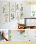 Soundproof 8-Pack 48x32 Acoustic Wall Art Panels for living room with installation steps and nano glue stickers shown in detail