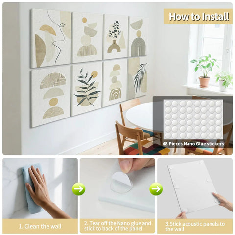 Soundproof 8-Pack 48x32 Acoustic Wall Art Panels for living room with installation steps and nano glue stickers shown in detail