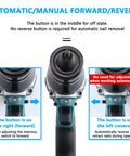 26V Cordless Rivet Tool with 5200mAh Battery Automatic Electric Rivet Gun for Stainless Steel Aluminum and Steel Rivets Fits M3 To M12 No Wire Needed Easy One Hand Setup and Fast Nut Rivet Installation for DIYers and Pros front view of forward and reverse switch