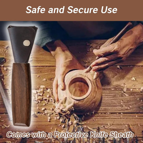 Rugged Reliable Hook Knife With Leather Sheath For Wood Carving Sweet Precision Spoon And Bowl Gouge Kit Killer Whittling Tool For Beginners on a woodworking table.