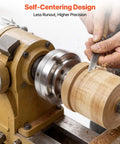 Go To 4 Inch Wood Lathe Chuck With 4 Jaw Self Centering Wood Turning Set in use on lathe showcasing self-centering design and precision