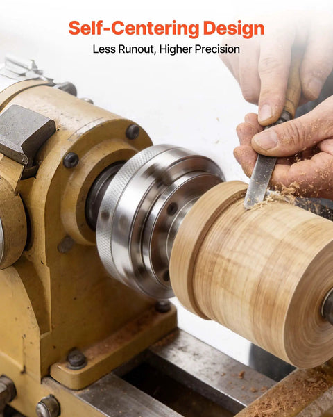 Go To 4 Inch Wood Lathe Chuck With 4 Jaw Self Centering Wood Turning Set in use on lathe showcasing self-centering design and precision