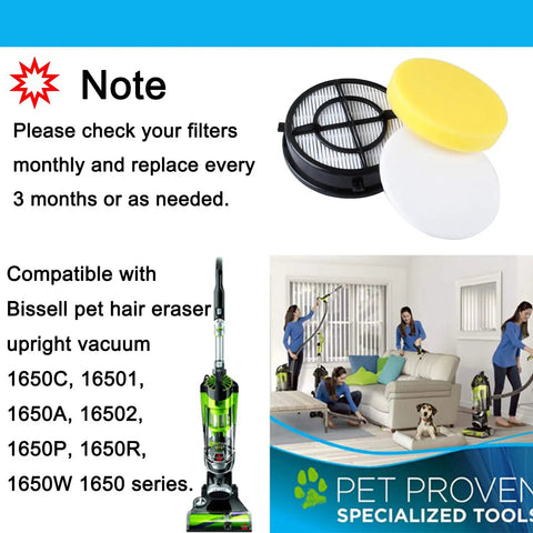 Pet Hair Eraser Upright Vacuum Filter For 1650 Series displayed with upright vacuum and usage tips