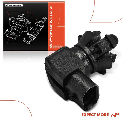 Ambient air temperature sensor by A-Premium black plastic automotive sensor with connector, shown beside orange-black box