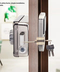 Premium Electronic Deadbolt Door Lock featuring smooth wireless remote controller access on a wooden door, showcasing sleek design and key access.