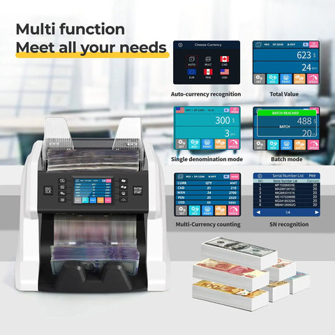 Bank Grade Money Counter For Multicurrency And Mixed Denominations With Serial Number Tracking, displaying modes and features
