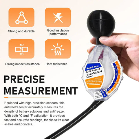 Smooth Operator Coolant And Antifreeze Tester featuring crisp gauge readout and heavy duty rubber bulb held in hand.