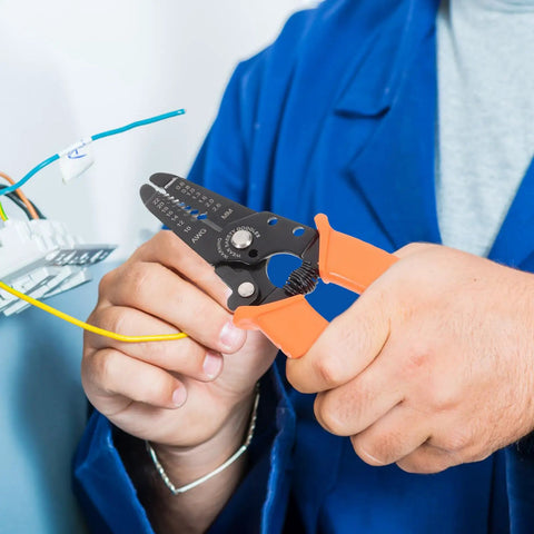 Multifunctional Wire Stripper Tool For Automotive Wires And Cables, Handy To Use With Durable Chromium Vanadium Alloy Steel And PVC, Locks In Place For Precise Radial Cutting, Built Tough DIY Wiring And Auto Repair Tool in use on wires
