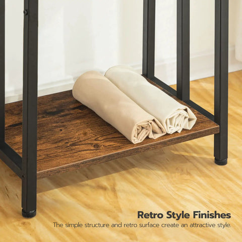 Free Standing Towel Rack And 3 Tier Blanket Organizer Space Saver For Home with rustic shelf and metal frame, towels on shelf.
