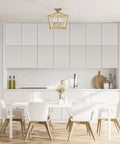 Sheldon Brass Four Light Industrial Farmhouse Semi Flush Ceiling Mount Light in modern white kitchen