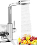MIAOHUI Chrome Kitchen Faucet with Glass Rinser, 4 Modes featuring rotating jets rinsing fruit and glass.