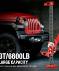Big Red 48 Inch Ratcheting Off Road Farm Jack With Heavy Duty 3 Ton 6000 Lb Load Capacity beside a red vehicle front.