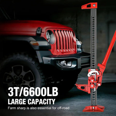 Big Red 48 Inch Ratcheting Off Road Farm Jack With Heavy Duty 3 Ton 6000 Lb Load Capacity beside a red vehicle front.