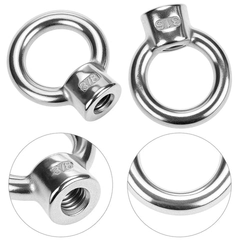 Rock Solid Boss Level Marine Grade Stainless Steel Lifting Eye Nuts 20 Pack 3/8 Inch UNC Threads shown from multiple angles.