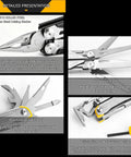 Detailed view of 17 In 1 Multitool Pliers With Flint Fire Starter And Carabiner Hammer, showcasing tungsten steel and blades.