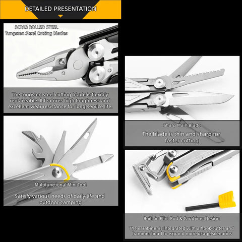 Detailed view of 17 In 1 Multitool Pliers With Flint Fire Starter And Carabiner Hammer, showcasing tungsten steel and blades.
