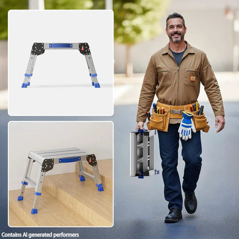 Foldable Aluminum Step Stool For Adults Portable Work Platform That Supports Up To 440 Pounds One Click Folding For Easy Storage Safe And Stable Rust Resistant Construction Great For Home Garage And Shop Tasks, folded and open views