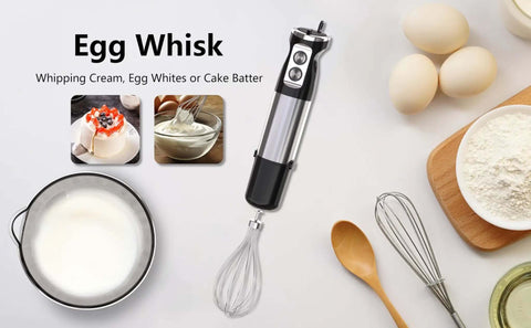Straight Outta Box Kitchen Essential This 800W 5 In 1 Handheld Blender Delivers A Corded Stick Design Plus Attached Chopper Whisk And Frother For Down Pat Smoothies Silky Purees And Lazy Night Dinner Sauces, featuring an egg whisk with eggs and flour.