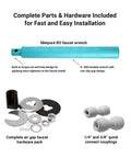 Complete parts for Curved Brushed Nickel Airgap RO Faucet installation, including wrench and quick connect couplings.