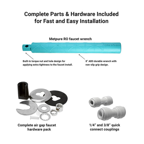 Complete parts for Curved Brushed Nickel Airgap RO Faucet installation, including wrench and quick connect couplings.