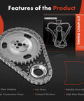 Engine Timing Chain Kit With Sprocket for OHV 4.3L V6 Chevy GMC Trucks And SUVs Fits Express 1500 Savana Blazer S10 Astro K1500 P30 Isuzu Hombre Replacement shown with packaging and features list like high transmission power and low noise.