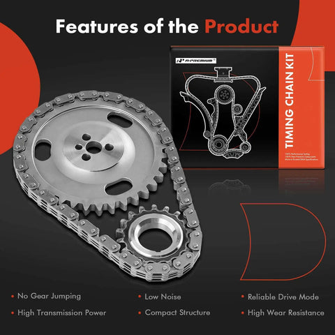 Engine Timing Chain Kit With Sprocket for OHV 4.3L V6 Chevy GMC Trucks And SUVs Fits Express 1500 Savana Blazer S10 Astro K1500 P30 Isuzu Hombre Replacement shown with packaging and features list like high transmission power and low noise.