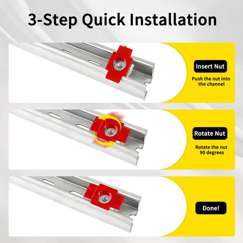 3-step installation guide for Red Galvanized 1/4 20 Unistrut Channel Squeeze Nuts With Twist Tab Smooth Glide, showing insertion and rotation process.