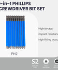 Anti Slip Phillips PH2 Screwdriver Bit Set Ten Pieces With Magnetic One Quarter Inch Hex Shank And Six Inch Length S2 Steel
