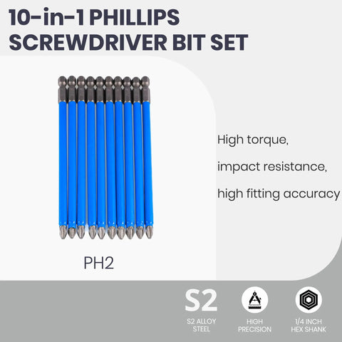 Anti Slip Phillips PH2 Screwdriver Bit Set Ten Pieces With Magnetic One Quarter Inch Hex Shank And Six Inch Length S2 Steel