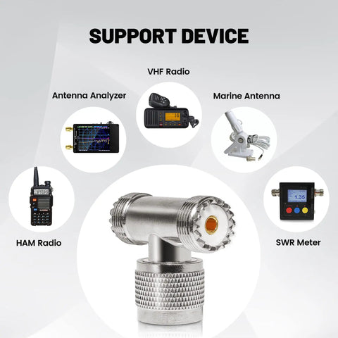 UHF Male To Dual UHF Female 3 Way Pro Grade Splitter Coax Adapter PL259 To SO239 with related devices like HAM Radio and Antenna Analyzer.