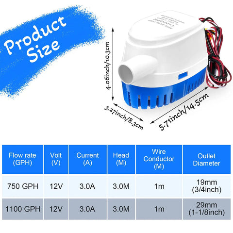 Two Pack 12V Auto Bilge Pumps With Built In Switch No Float Switch Required 1100 GPH Submersible Boat Bilge Water Pump sizes