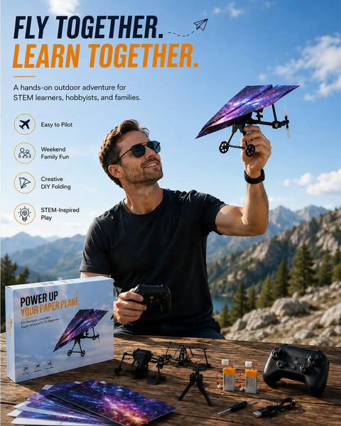 Man flying Power Up RC Paper Airplane Kit With Gyro Stabilizer Twin Propellers And Motorized Power Module in mountains