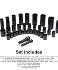 Complete 38 Piece Impact Socket Set With Three Eighths And One Half Inch Drive SAE And Metric 6 Point Deep And Shallow Sockets Cr-V Steel With Black Electroplate Finish Built Tough For Real Auto Work shown in layout with included tools.