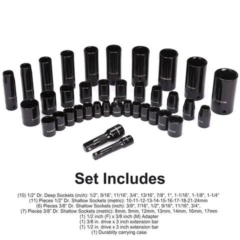 Complete 38 Piece Impact Socket Set With Three Eighths And One Half Inch Drive SAE And Metric 6 Point Deep And Shallow Sockets Cr-V Steel With Black Electroplate Finish Built Tough For Real Auto Work shown in layout with included tools.