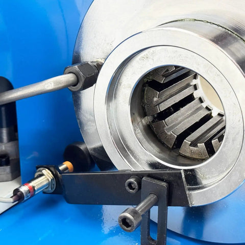 Close-up of Heavy Duty Electric Hose Crimper 110V Hydraulic Tube Shrinker Machine's precision dies and metal jaws.