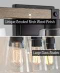Close-up of 4 Light Farmhouse Vanity Light With Funnel Glass Shades in Smoked Birch Finish and Rustic Black Accents