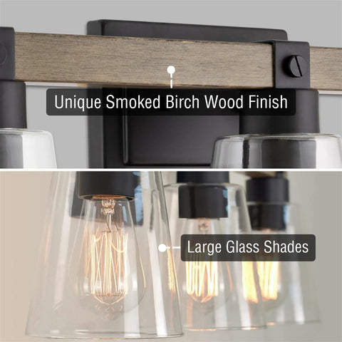 Close-up of 4 Light Farmhouse Vanity Light With Funnel Glass Shades in Smoked Birch Finish and Rustic Black Accents