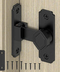 Sturdy 90 Degree Barn Door Lock Aluminum Alloy Security Flip Lock For Barn, Bedroom, Fence And Shed, Anti Theft Gate Latch, Weatherproof Indoor Outdoor, No Fuss One Hand Locking, Black 1 Piece installed on wood surface with screws.