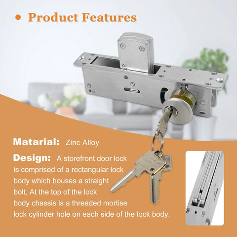 Storefront Mortise Door Lock Set With Beefy Double Cylinder Deadbolt Aluminum Construction, keys visible, zinc alloy material
